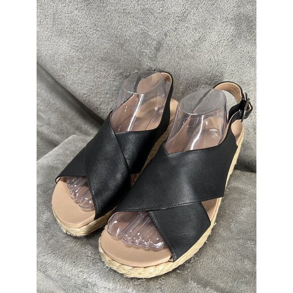 Clarks Women’s 11  Kimmei Wedge Sandal Black Leather Cross Wide Strap Slingback - Picture 2 of 11